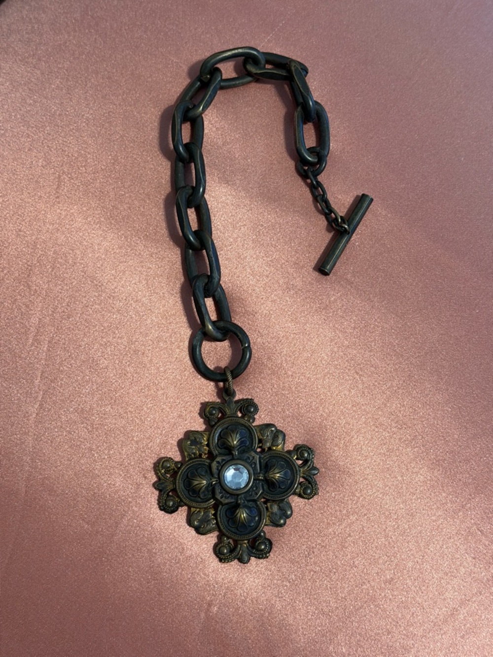 Vintage Style Bronze Statement Bracelet Ornate Gothic Cross Toggle Chain 8"